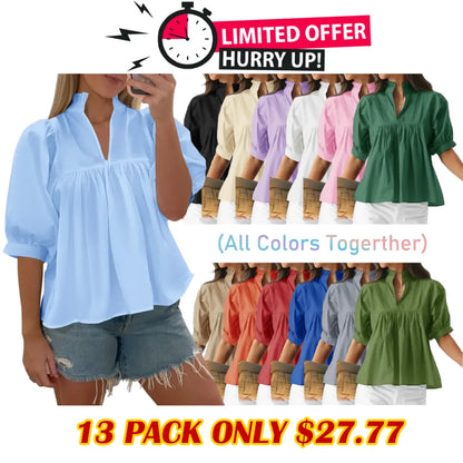 Womens V Neck Puff Sleeve Blouse Babydoll Peplum Tops Dressy Casual Pleated Loose Fit Shirts