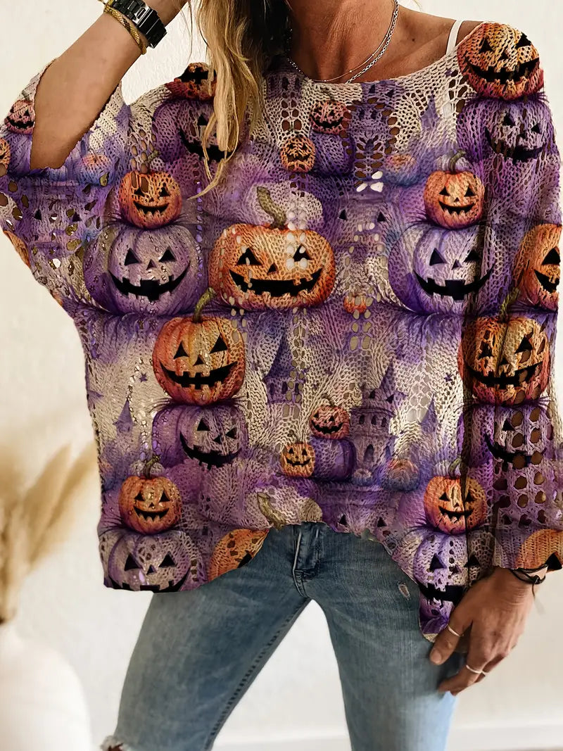 Women's Halloween Pumpkin Print Long Sleeve Knit Top