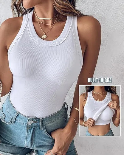 Built-in Bra Tank Top Ribbed Racerback Tops