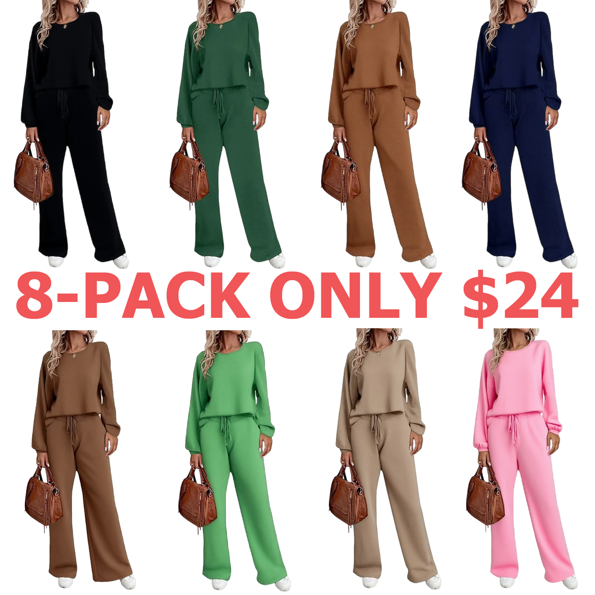 Women's two-piece set long sleeved pullover top with pockets wide leg pants casual set Pajama Loungewear Nightwear
