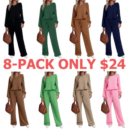 Women's two-piece set long sleeved pullover top with pockets wide leg pants casual set Pajama Loungewear Nightwear