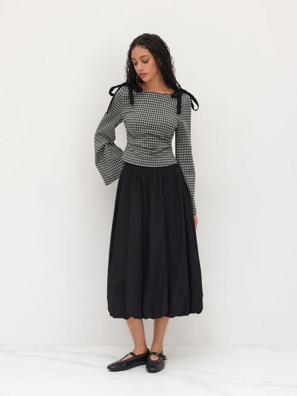 Boat Neck Gingham Bowknot Ruched Long Sleeve Top