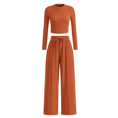 ✨2-Piece Ribbed Knit Long Sleeve Crop Top Wide Leg Pants Lounge Set🔥
