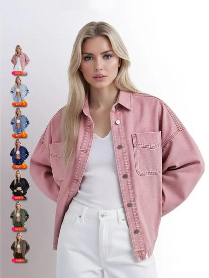 Women's Plain Button Front Drop Shoulder Curved Hem Denim Jacket