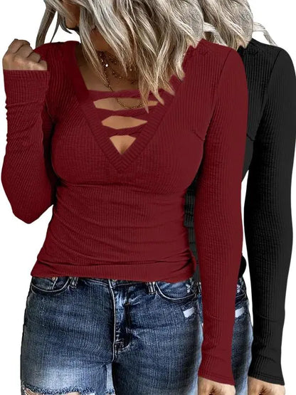 Women's Plain Cut Out Long Sleeved Basic Tee
