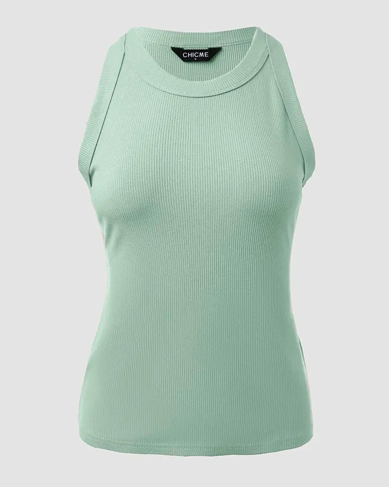 O-Neck Knit Sleeveless Basic Slim Fit Tummy Control Tank Casual Top(Without Pads)