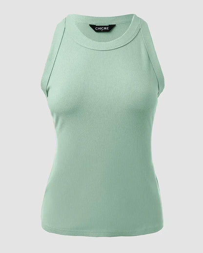 O-Neck Knit Sleeveless Basic Slim Fit Tummy Control Tank Casual Top(Without Pads)