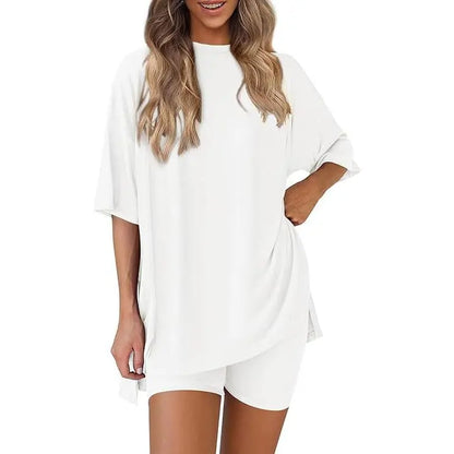 Women's Summer Two-Piece Set 2025 Casual Oversized Crewneck Split Hem Shirts & Side Pocket Biker Shorts Minimalist Lounge Wear Soft Viscose Fabric Comfy Homewear Cozy Pjs