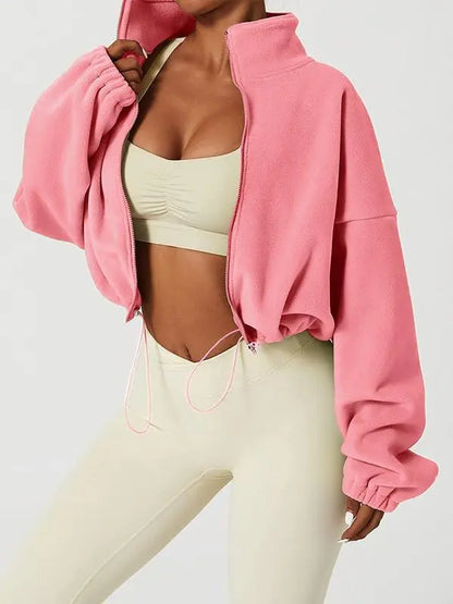 Women's Solid Color Zip Up Thermal Lined Sports Sweatshirt
