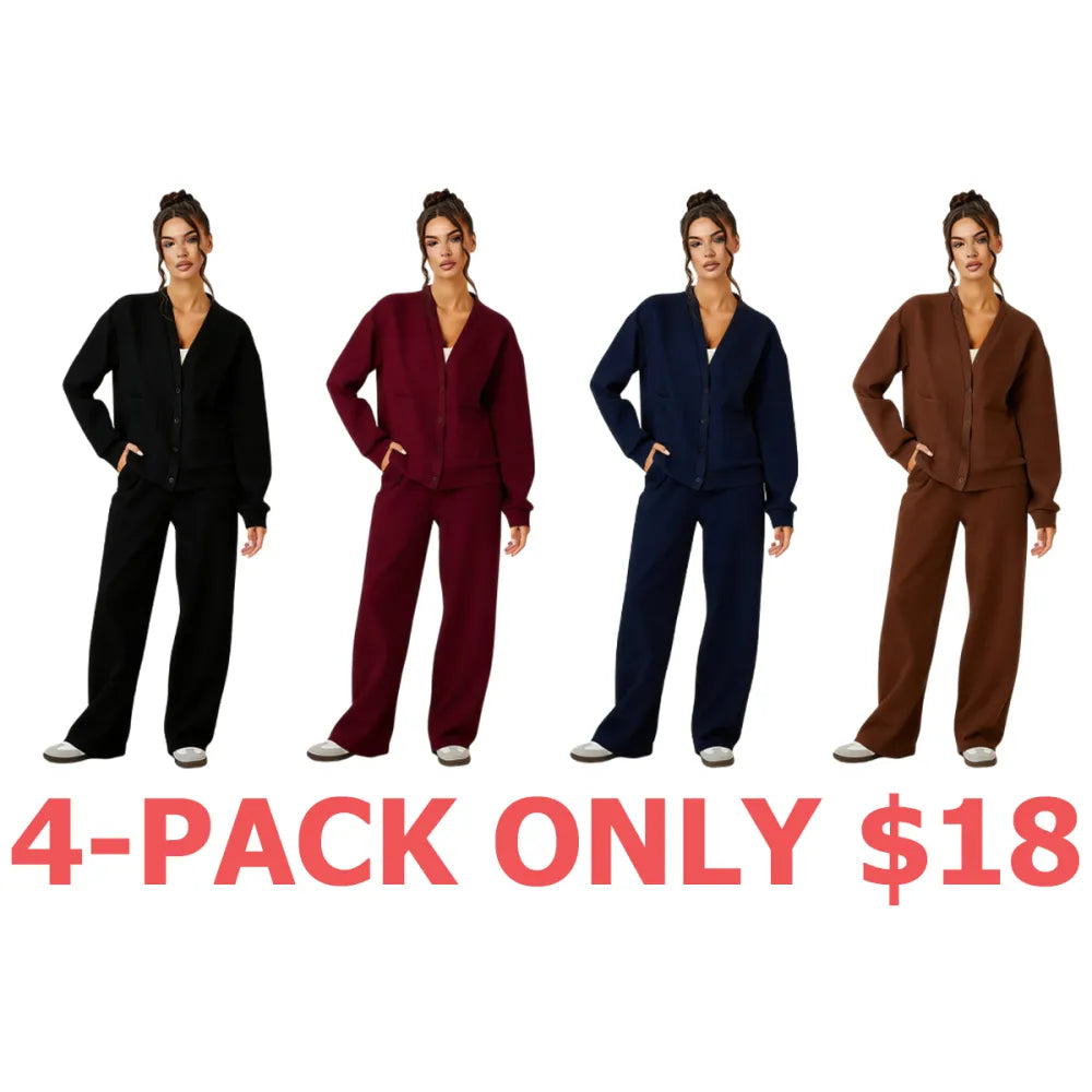 Women's Slouchy Solid Color V Neck Long Sleeve Button Cardigan & Drawstring Waist Trousers Co-ord