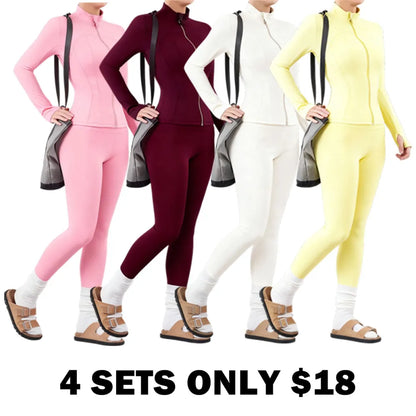 Solid Zip Up Jacket & High Waist Leggings Tracksuit Set