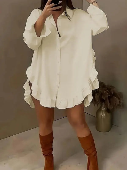 Women's Plain Ruffle Trim Button Front Blouse