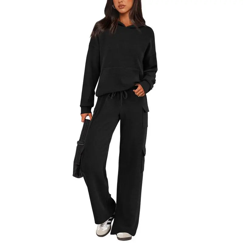 Womens Fall Outfit 2-Piece Knitted Sets Hoodie Tracksuits Wide Leg Pants With Pocket And DrawString Long Sleeve Hooded Kangoroo Pocket Tops Knitwear Sporty Loungwear, Womenswear Travel Outfit