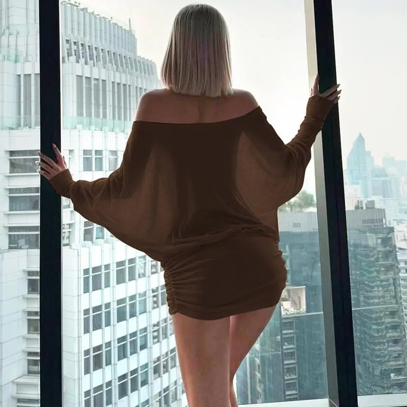 Women's Sheer Ruched Party Dress, Off-The-Shoulder Long Sleeve Women's Mini Dress for Spring & Fall