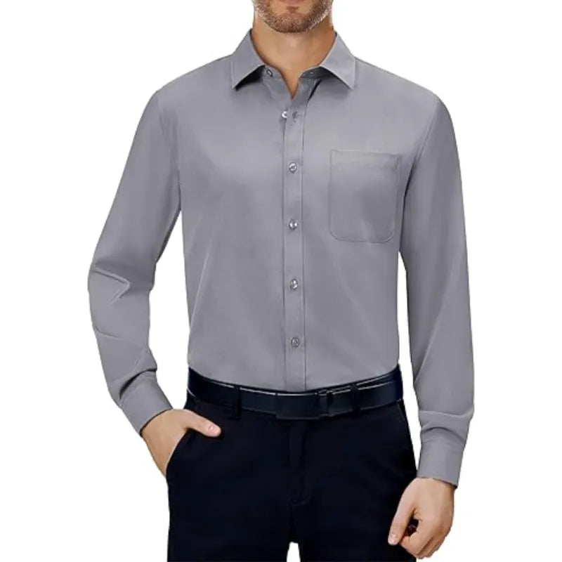 💪Mens Dress Shirts 4-Way Stretch Long Sleeve Collared Casual Solid Wedding Dating Button Down Shirt