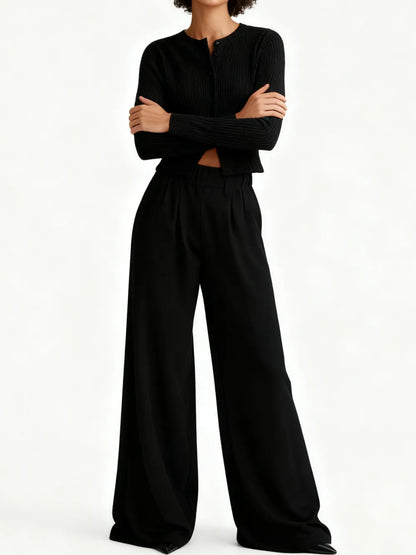 Women's Solid Button Front Ribbed Crop Top & Elastic Waist Pants 2 Piece Set