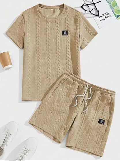 Men's Knit Casual Textured Patch Tee & Drawstring Shorts Set