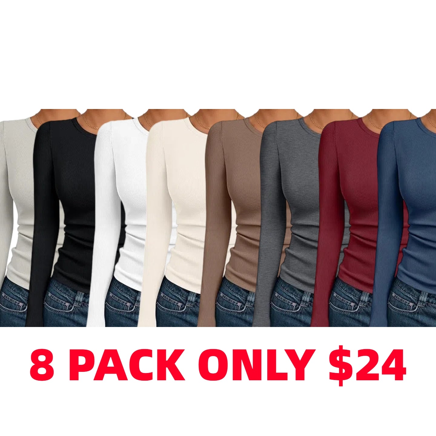 🔥8- PACK Women's Long Sleeve Blouses Shirts with Ribbed Knit Work Office Basic Tops