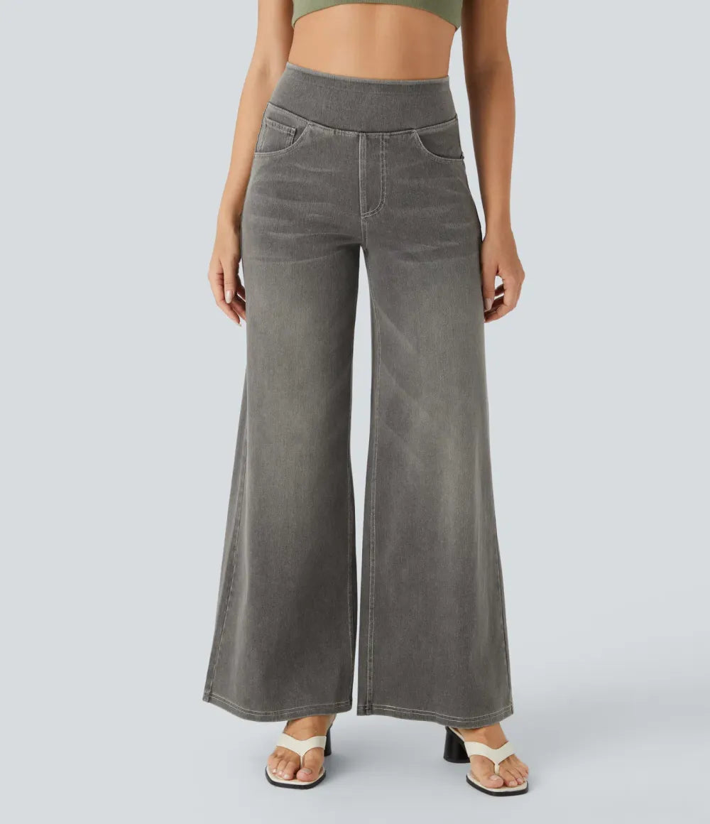 💝Last Day Promotion⚡High Waisted Multiple Pockets Baggy Wide Leg Washed Stretchy Knit Casual Jeans