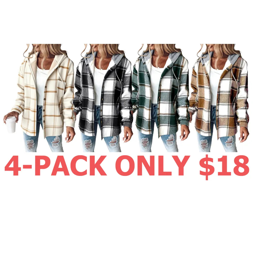 Women's Plaid Pattern Long Sleeve Shacket Button Down Fleece Lined Hooded Jackets Warm Coat Casual Womenswear Comfort Outdoor Soft