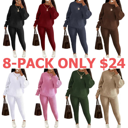 Women's Solid Drop Shoulder Long Sleeve Sweater & Drawstring Waist Pants Set