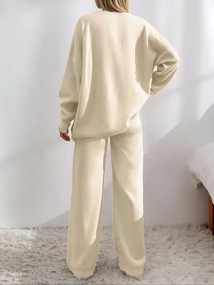 Women's Solid V Neck Cardigan & Elastic Waist Wide Leg Pants Two-piece Set