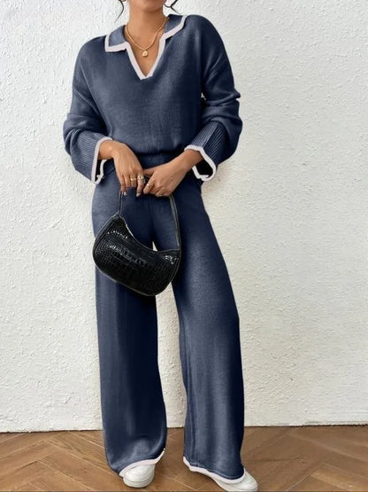 Women's Contrast Binding Drop Shoulder Sweater & Straight Leg Pants Set