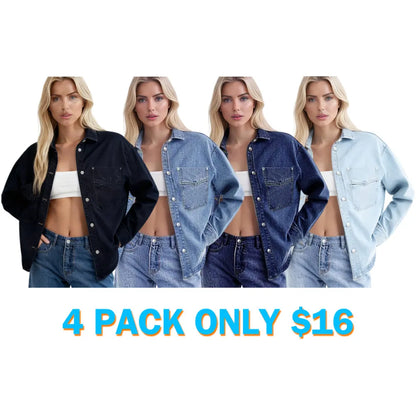 Women's Plain Button Front Drop Shoulder Curved Hem Denim Jacket