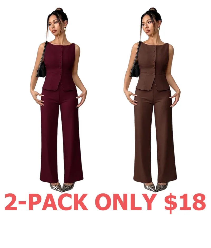 Women's Solid Button Front Tank Top & Wide Leg Pants Set