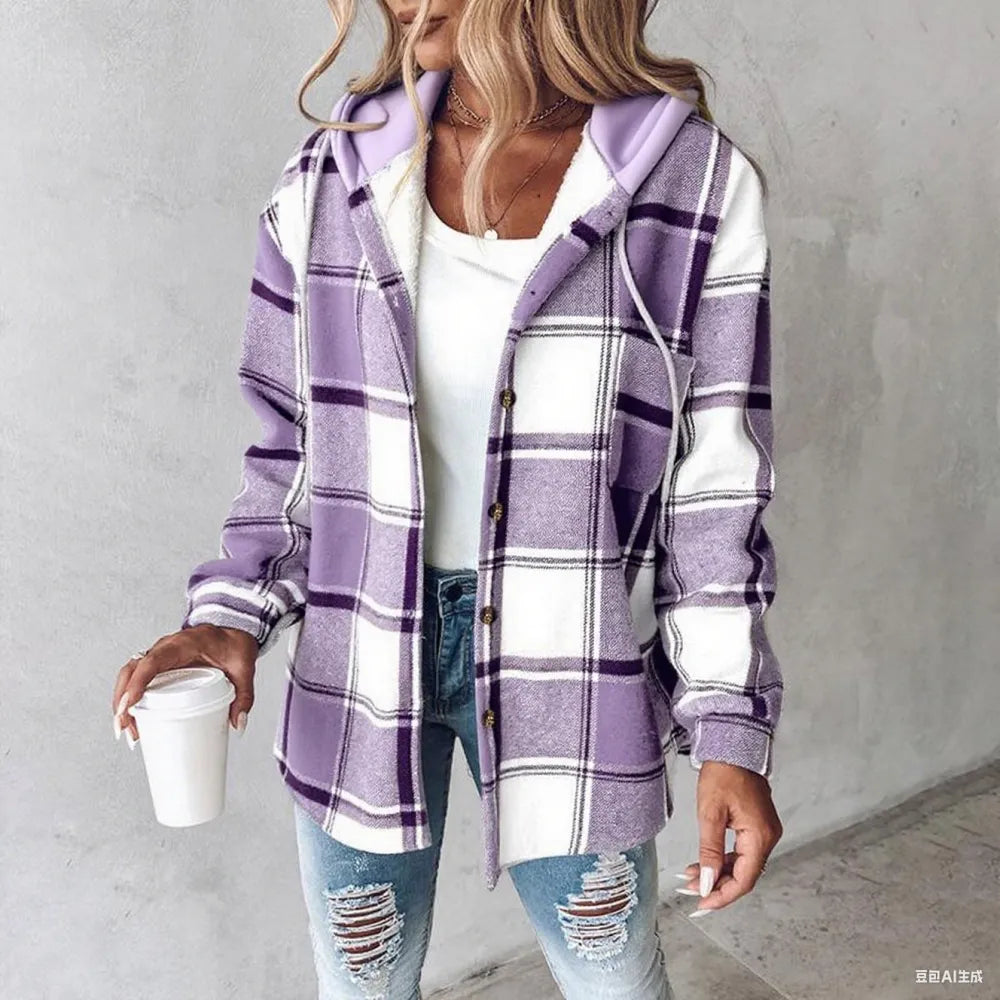 Women's Plaid Pattern Long Sleeve Shacket Button Down Fleece Lined Hooded Jackets Warm Coat Casual Womenswear Comfort Outdoor Soft
