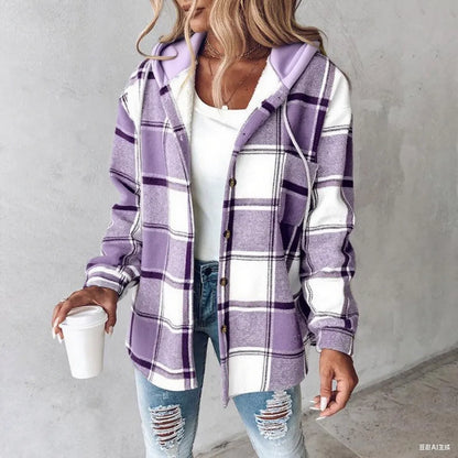 Women's Plaid Pattern Long Sleeve Shacket Button Down Fleece Lined Hooded Jackets Warm Coat Casual Womenswear Comfort Outdoor Soft