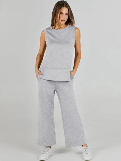 Women's 2 Piece Sets Summer Outfits Sleeveless Wide Leg Tracksuits Casual Sweat Sets Lounge Sweatsuits