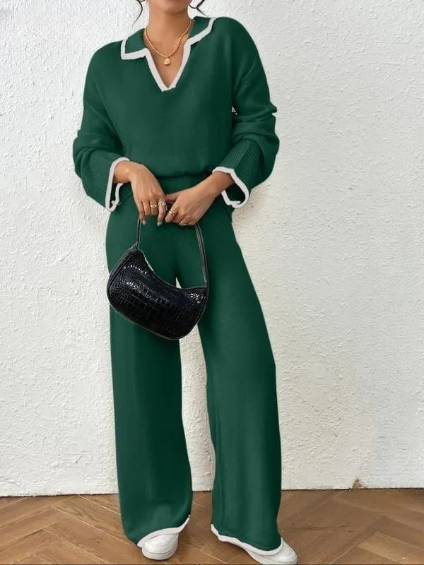 Women's Contrast Binding Drop Shoulder Sweater & Straight Leg Pants Set