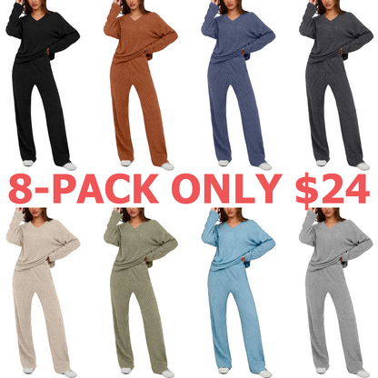 Women's 2 Piece Lounge Sets Ribbed Knit Long Sleeve V Neck Pullover Tops Wide Leg Pants Fall Winter Outfits