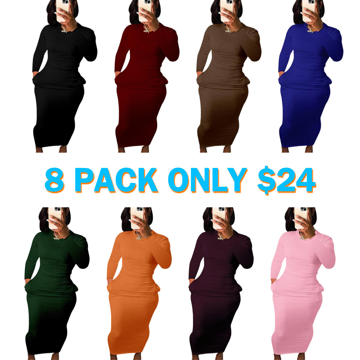 Women's Solid Pocket Long Sleeve Bodycon Dress