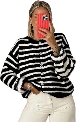 Women's striped button-up cardigan sweater