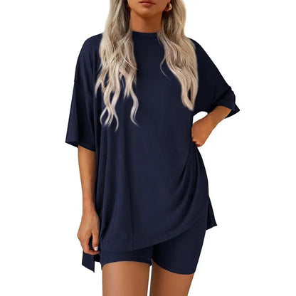 Women's Summer Two-Piece Set 2025 Casual Oversized Crewneck Split Hem Shirts & Side Pocket Biker Shorts Minimalist Lounge Wear Soft Viscose Fabric Comfy Homewear Cozy Pjs