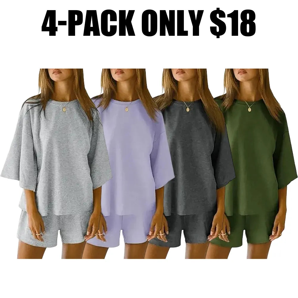 Pajama Sets 3/4 Sleeve Oversized Tops And Elastic Waist Shorts
