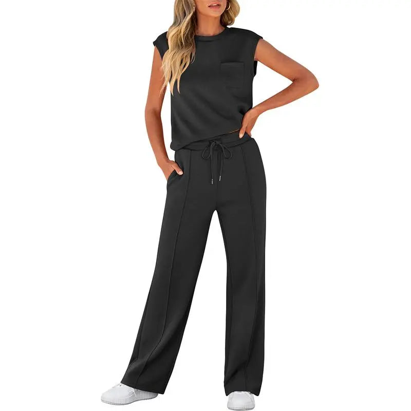 Women's Summer 2 Piece Outfits Casual Sleeveless Sweatsuits Matching Wide Leg Tracksuits Lounge Sets Women Basic Vacation Outdoor Outfit Sets Womenswear