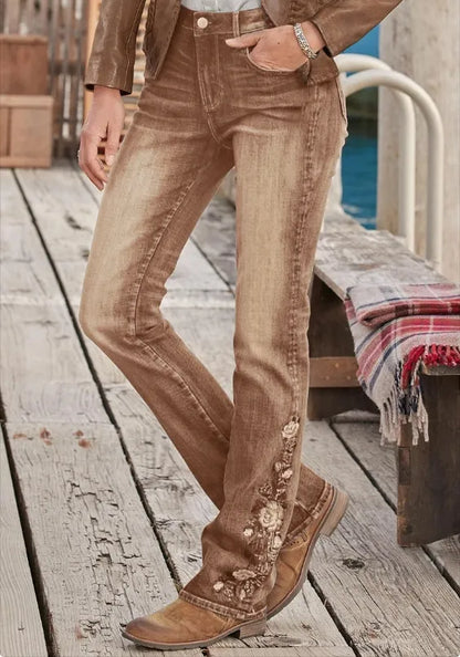 🔥LAST DAY 80% OFF🔥Mid-waist bootcut jeans with floral embroidery