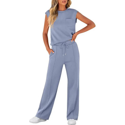 Women's Summer 2 Piece Outfits Casual Sleeveless Sweatsuits Matching Wide Leg Tracksuits Lounge Sets Women Basic Vacation Outdoor Outfit Sets Womenswear