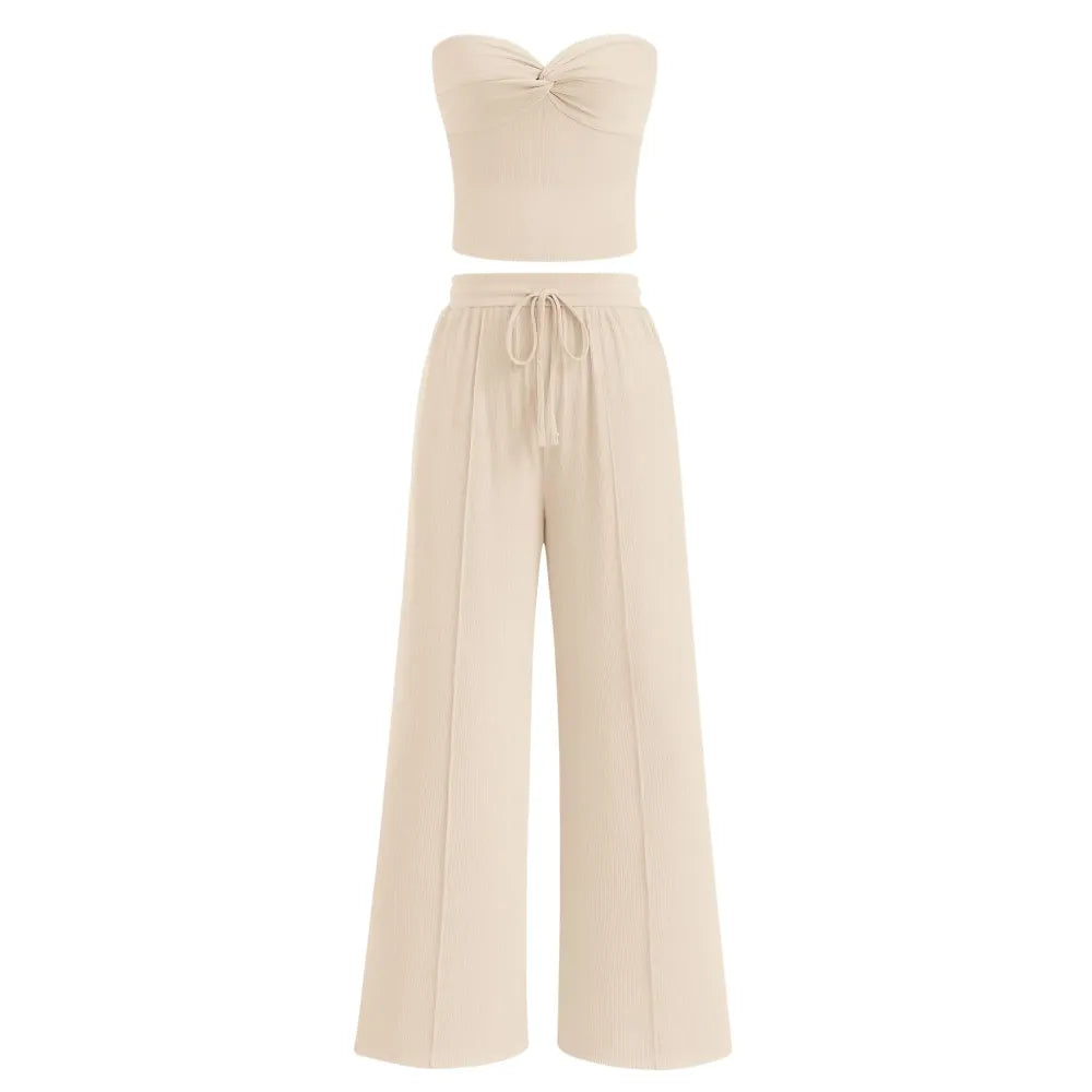 Women Summer Ribbed Strapless Twist Knot Tube Top Pants Set