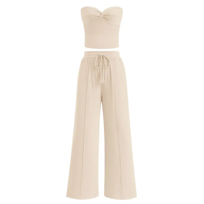 Women Summer Ribbed Strapless Twist Knot Tube Top Pants Set