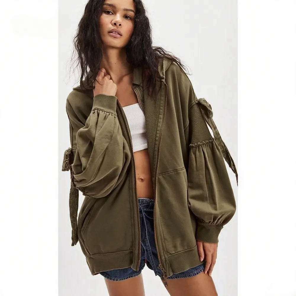 Women's Fall/Winter Zip Up Hoodies with Pockets Stylish Solid Bow Tie Long Sleeve Sweatshirt Jackets