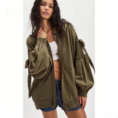 Women's Fall/Winter Zip Up Hoodies with Pockets Stylish Solid Bow Tie Long Sleeve Sweatshirt Jackets