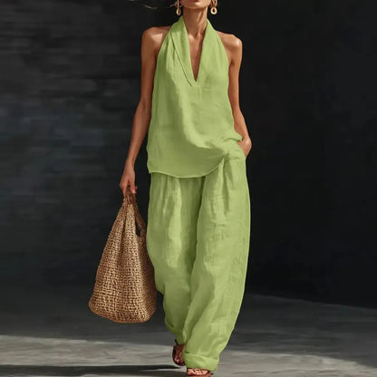 Women's Boho Linen Two Piece Set Halter Neck Sleeveless Top & Wide Leg Pants Beach Vacation Brunch Casual Outfit