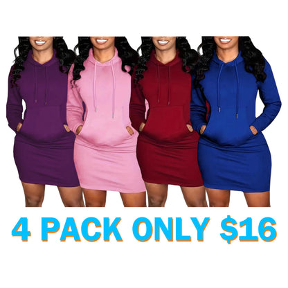 Women's Solid Drawstring Hooded Sweatshirt Dress