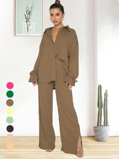 Women's Solid Button Front Shirt & Split Hem Pants Set