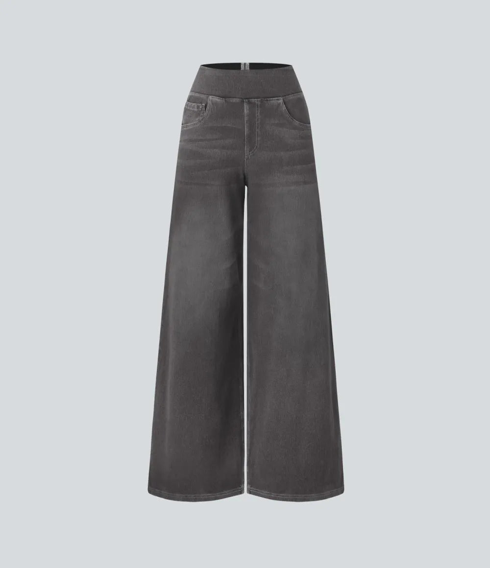 💝Last Day Promotion⚡High Waisted Multiple Pockets Baggy Wide Leg Washed Stretchy Knit Casual Jeans