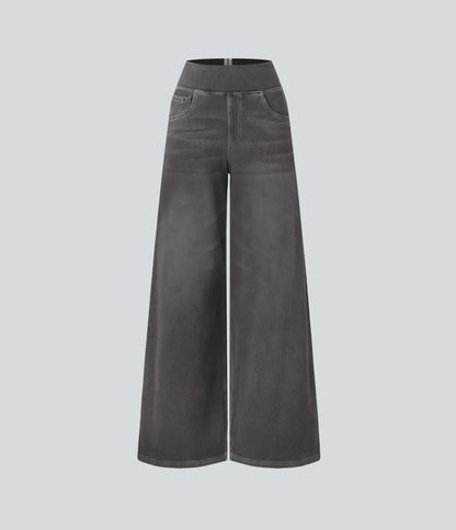 💝Last Day Promotion⚡High Waisted Multiple Pockets Baggy Wide Leg Washed Stretchy Knit Casual Jeans